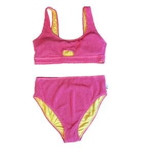 NWT 2 Piece Cut Out Swimsuit Bikini Pink Metallic Gold High Waist Cheeky Bottoms